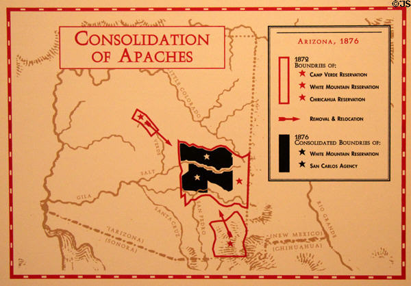 Map of Apache Reservation Consolidation in 1876 when U.S. government forced natives off their land at Fort Lowell Museum. Tucson, AZ.