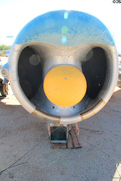 Nose air intake of Mikoyan-Gurevich Fresco D MiG-17PF fighter jet (1959) at Pima Air & Space Museum. Tucson, AZ.