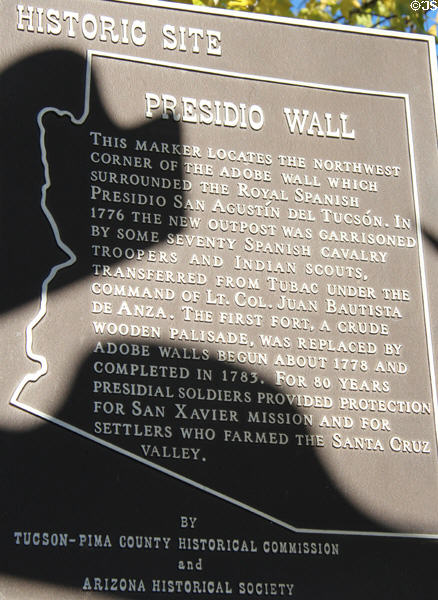 Plaque marking site of Presidio Wall of 1778. Tucson, AZ.