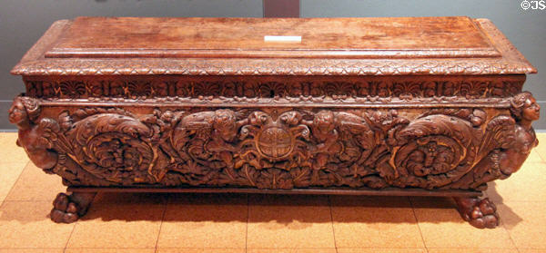 Carved walnut Italian dowry chest (cassone) (early 16thC) at University of Arizona Museum of Art. Tucson, AZ.