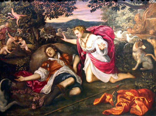 Venus Lamenting the Death of Adonis painting (c1590) by Domenico Tintoretto of Venice at University of Arizona Museum of Art. Tucson, AZ.