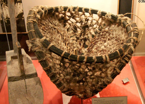 Raramuri (Tarahumara) native burden basket of tire rubber & goatskin (1977) beside wooden plow from Northwest Mexico at Arizona State Museum. Tucson, AZ.