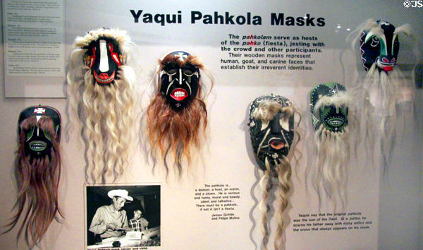 Yaqui (Yoemem) native Pahkola masks (1940-80s) from Sonoran coast Mexico at Arizona State Museum. Tucson, AZ.