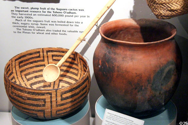 Tohono O'odham (former Papago) native saguaro fruit gathering basket & cooking jar from Southern Arizona at Arizona State Museum. Tucson, AZ.