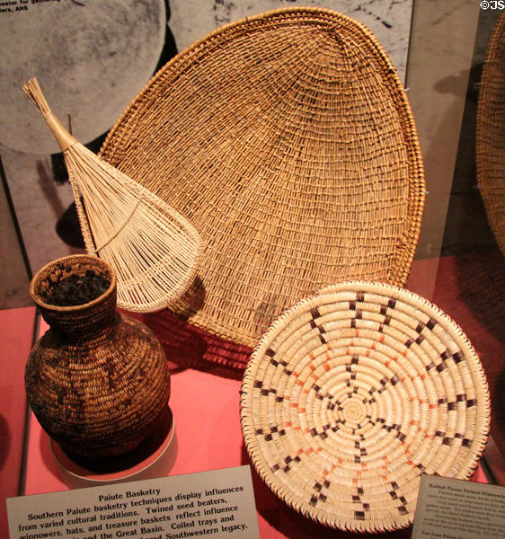 Paiute native baskets for winnowing, seed beating, water bottle & bowls (1900-80s) at Arizona State Museum. Tucson, AZ.