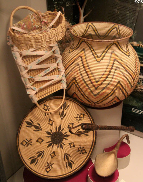 Havasupai native basketry cradle board, coiled jar & tray (1900-80s) at Arizona State Museum. Tucson, AZ.