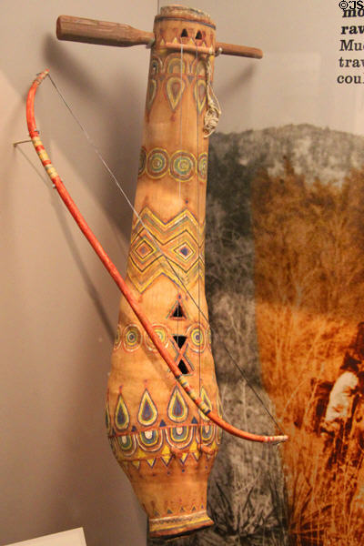 Apache native mescal-stalk fiddle (1925) & bow (1931) at Arizona State Museum. Tucson, AZ.