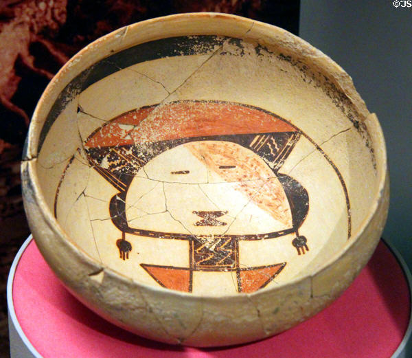 Hopi native Sikyatki polychrome ceramic bowl with katsina face (1375-1400+) at Arizona State Museum. Tucson, AZ.