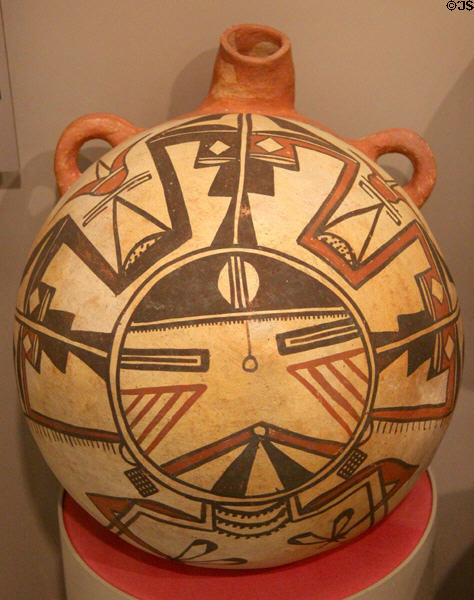 Hopi native polychrome ceramic canteen with katsina face (c1900) at Arizona State Museum. Tucson, AZ.