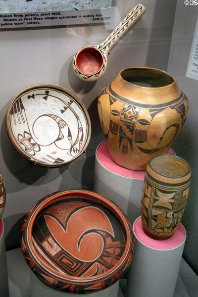 Hopi native polychrome ceramic bowls, jars & dipper (1900s) at Arizona State Museum. Tucson, AZ.