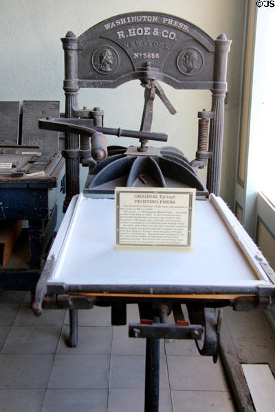 Original Washington hand printing press (1856) by R. Hoe & Co. of New York City went by ship to San Francisco & was used in Gold Rush towns before Epitaph editor brought it to Tombstone at Tombstone Epitaph Museum. Tombstone, AZ.