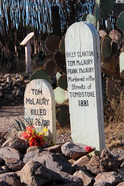 Grave marker to murdered Billy Clanton & McLaurys (1881) at Boothill Cemetery. Tombstone, AZ.