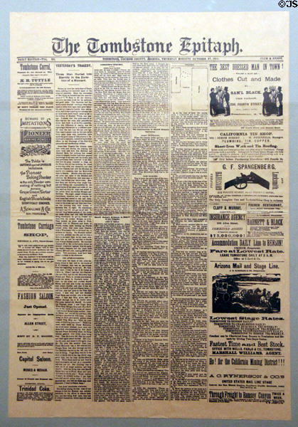 Copy of Tombstone Epitaph newspaper (Oct 27, 1881) featuring gunfight at OK Corral at Tombstone Courthouse Museum. Tombstone, AZ.