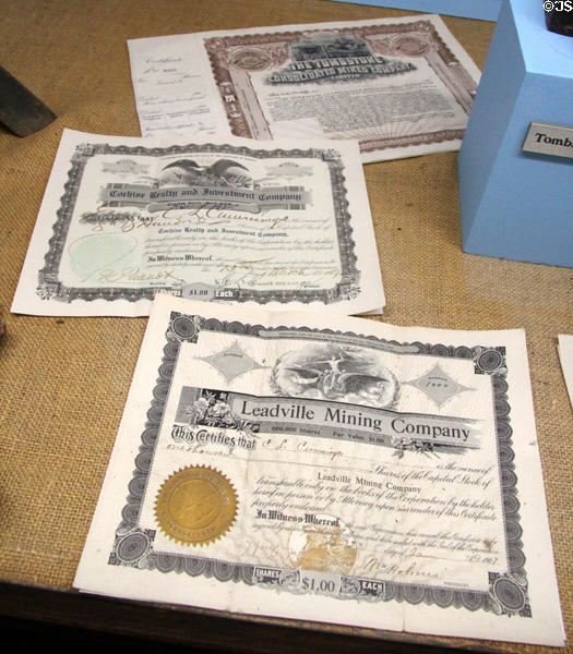 Mining stock certificates (c1907-9) at Tombstone Courthouse Museum. Tombstone, AZ.