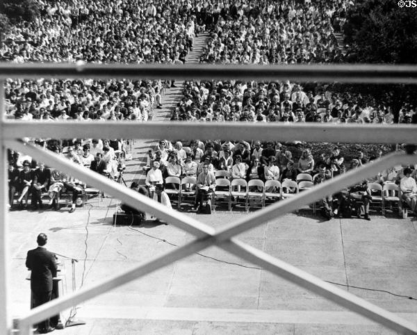 Sargent Shriver, 1st Director of U.S. Peace Corps, addresses University of California Berkeley students (c1964). CA.
