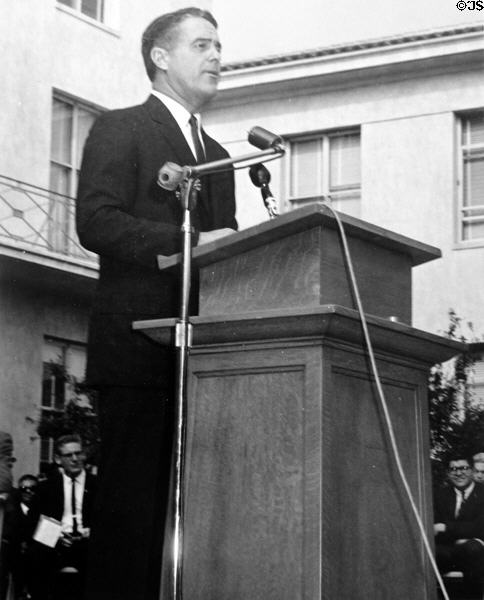 Sargent Shriver, 1st Director of U.S. Peace Corps, addresses University of California Berkeley to encourage students to join (c1964). CA.