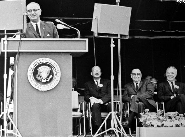 President Lyndon Johnson, Clark Kerr, Governor Pat Brown dedicate University of California Irvine campus (June 20, 1964). CA.