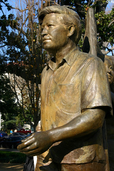 Statue of César Chavez (1927-93) who led movement to unionize farm workers stands opposite Sacramento City Hall. Sacramento, CA.