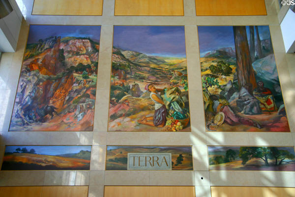 Sacramento Terra mural showing agricultural themes (1992) by Richard Piccolo in US Bank Plaza lobby. Sacramento, CA.