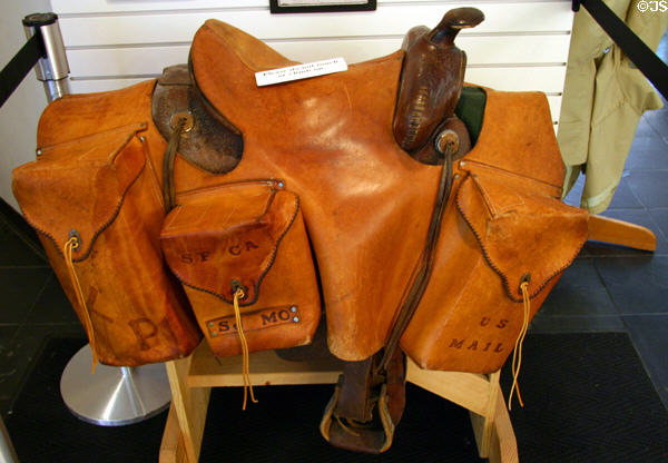 Pony Express Saddle (c1860) with pouches for mail at Gold Rush History Center. Sacramento, CA.