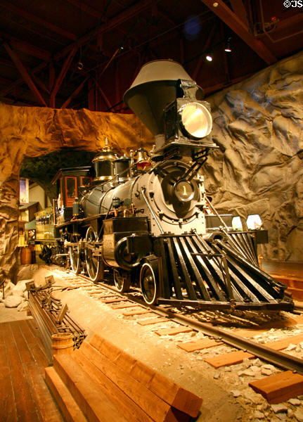 First locomotive (1862) of Central Pacific Railroad named Gov. Stanford at California State Railroad Museum. Sacramento, CA.