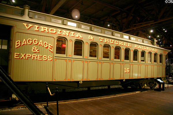 Virginia & Truckee Railroad combination passenger & baggage car (1874) by Detroit Car Works at California State Railroad Museum. Sacramento, CA.