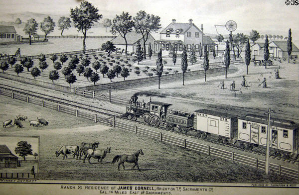 Lithograph of earliest days of railroading on Sacramento Valley Railroad steam locomotive rolling past farm at California State Railroad Museum. Sacramento, CA.