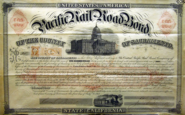 State of California Pacific Rail Road Bond certificate (1863) at California State Railroad Museum. Sacramento, CA.