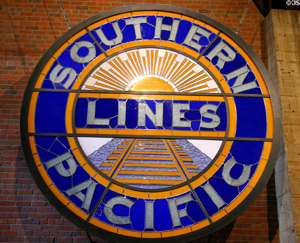 Southern Pacific Sunset Lines emblem (1929) in stained glass at California State Railroad Museum. Sacramento, CA.