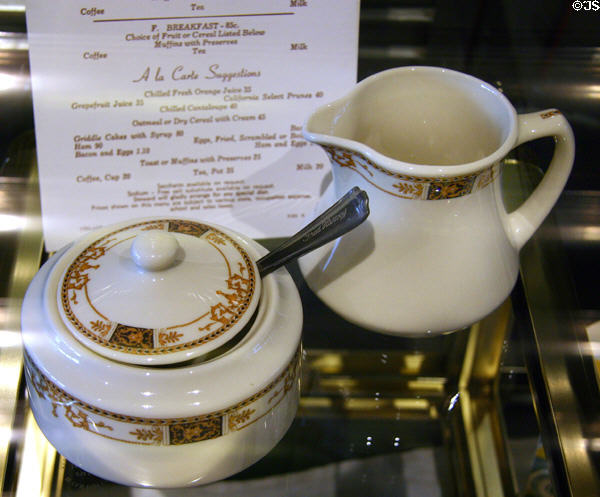 Webster pattern sugar bowl & creamer used by Fred Harvey in El Tovar Hotel at Grand Canyon on AT&SF route at California State Railroad Museum. Sacramento, CA.