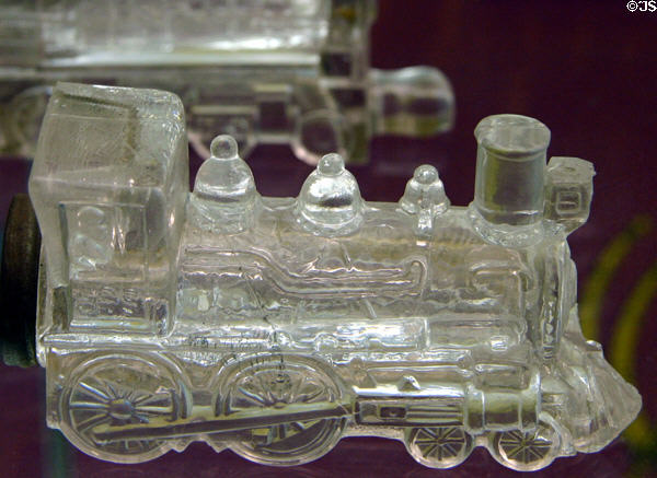 Mold blown glass steam locomotive probably candy container at California State Railroad Museum. Sacramento, CA.