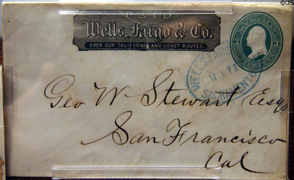Envelope sent Sacramento to San Francisco bearing U.S. 3 cent stamp plus Wells Fargo frank at Wells Fargo Museum. Sacramento, CA.