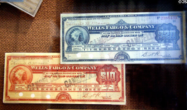 Wells Fargo Travellers Checks in multiple currencies from before First World War at Wells Fargo Museum. Sacramento, CA.
