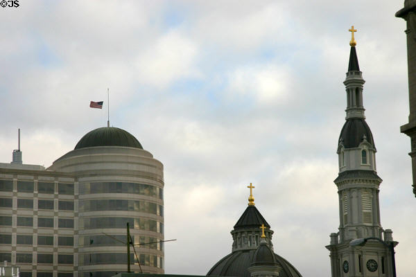 Towers of Cathedral of the Blessed Sacrament beside 1201 K Street Tower. Sacramento, CA.