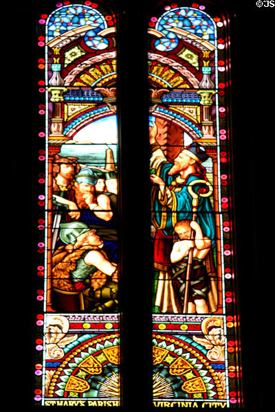 Stained glass window showing St Patrick in Sacramento Cathedral. Sacramento, CA.
