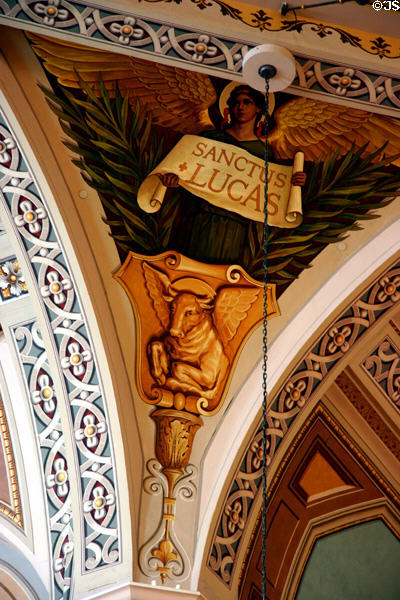 Bull symbol of evangelist Luke painted on squinch of Sacramento Cathedral. Sacramento, CA.