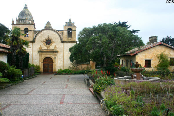 San Carlos Borromeo de Carmelo Mission with gardens & out buildings. Carmel, CA.