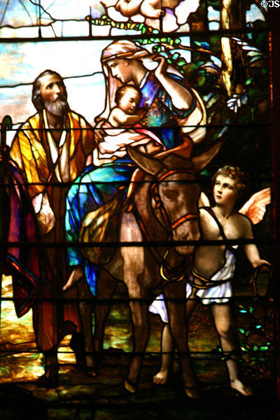 Stained glass window of the flight into Egypt in Memorial Church at Stanford University. Palo Alto, CA.