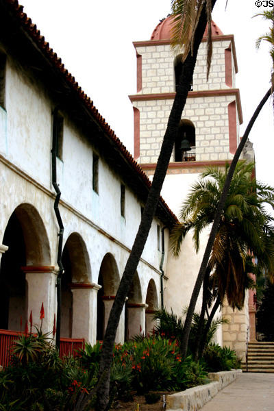 Arcade & tower of Mission Santa Barbara. Santa Barbara, CA.