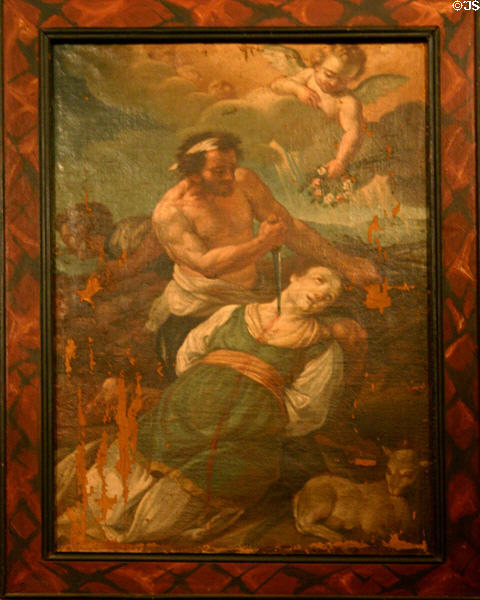 Painting of martyrdom of Santa Ines (late 17thC) from Mexico at Santa Ines Mission. Solvang, CA.