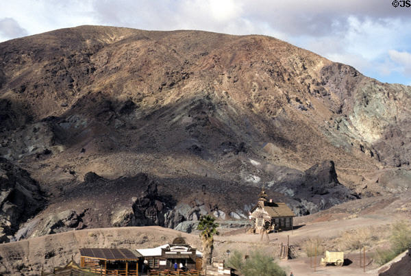 Overview of Calico with mineral rich hills. CA.