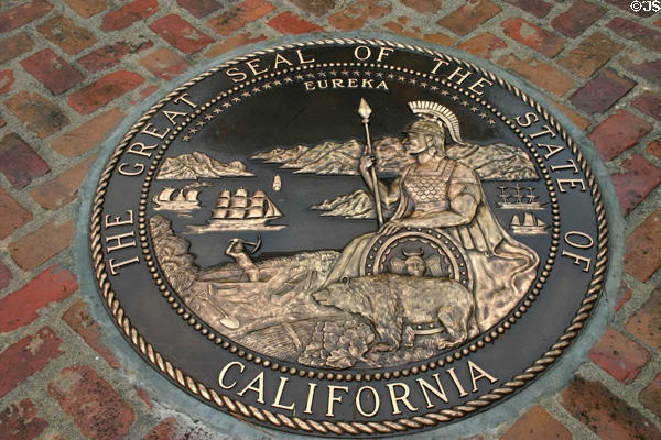 Bronze seal of the state of California on Colton Hall grounds. Monterey, CA.