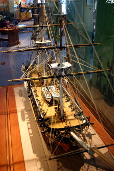 Model of 44 gun frigate USS Savannah (1842), flagship of Commodore John D. Sloat who took California from Mexico on July 7, 1846 at Monterey in Maritime Museum. Monterey, CA.