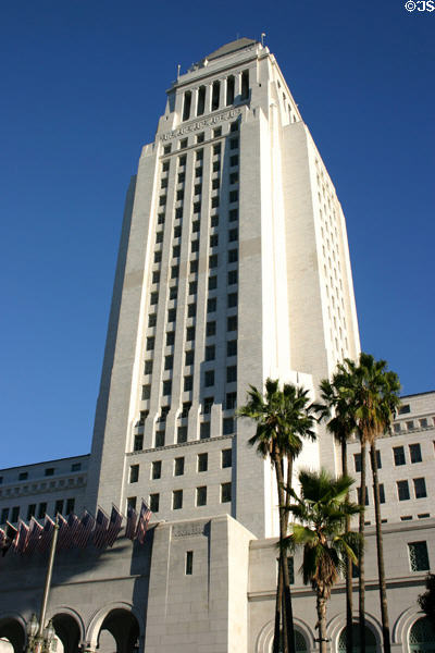 Los Angeles City Hall (1926-28) (South Spring at West Temple Streets, southeast corner). Los Angeles, CA. Style: Art Deco. Architect: John C. Austin, John Parkinson, Donald B. Parkinson, Albert C. Martin.