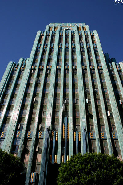 Eastern Columbia Building (1929) (13 floors) (849 South Broadway) with turquoise terra-cotta. Los Angeles, CA. Style: Art Deco. Architect: Claude Beelman.