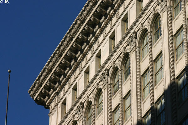 Upper stories of Hellman Commercial Trust & Savings Bank Building (now Bank of America) (1924) (NE corner of Spring & 7th Streets). Los Angeles, CA. Style: Beaux Art. Architect: Schultze & Weaver.