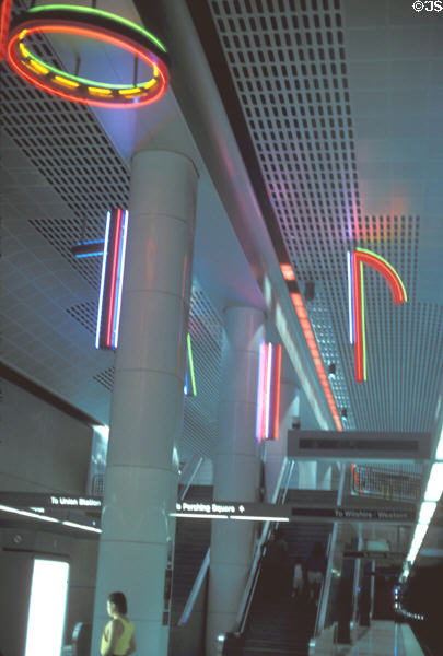 Neon (1993) artwork by Stephen Antonakos in Pershing Square station of LA Metro. Los Angeles, CA.