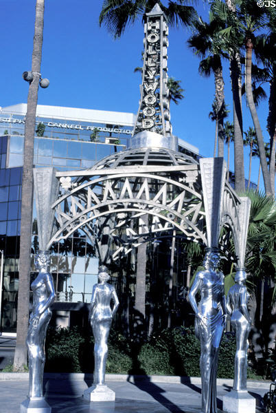 Art-deco style Hollywood pergola supported on four female statues. Hollywood, CA.