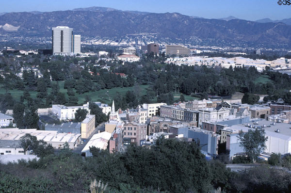 Overview of Universal Studios film lot plus Burbank in distance including tallest The Tower (1988) (32 floors) & brown Central Park Building (1985) (14 floors). Universal City, CA.