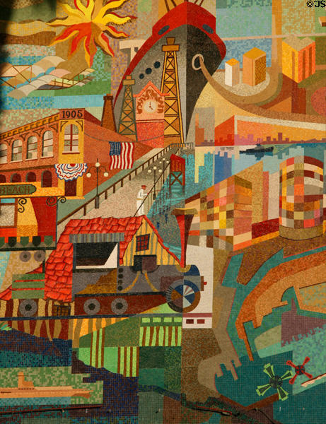 Mural mosaic of history of Long Beach on former bank building on Pine Ave. Long Beach, CA.